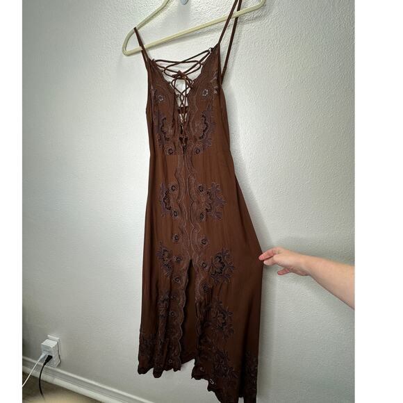 Cleobella Annie Chestnut Brown Lace Up Crochet Split Front Midi Dress XS - Picture 5 of 16